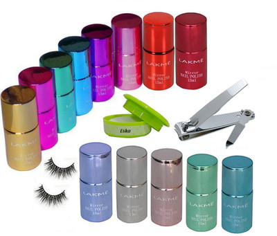 

eska Eyelasehs,Lakme Mirror Nail Paint Set Of 12,Nail Cutter, Nail Polish Remover(Set of 15)