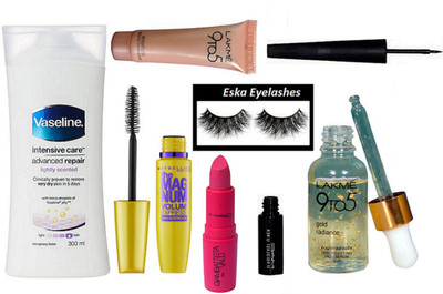 

eska Eyelashes,Maybelline the mag num mascara,Liquid Eyeliner,Lakme 9to5 Gold radiance serum Mossue Foundation,Mac Giambattista valli Matte FInish Lipstick,Vaseline Intensive Care Adcanced Repair Lotion(Set of 7)