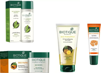 

BIOTIQUE BIO Pineapple Oil Control Foaming Face Wash, Morning Nectar Flawless Skin Moisturizer, Papaya Revitalizing Tan-Removal Scrub, LIP BALM(Set of 4)