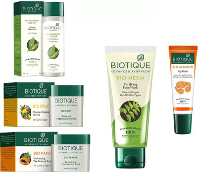 

BIOTIQUE BIO Morning Nectar Flawless Skin Moisturizer, Neem Purifying Face Wash, Fruit Whitening & Depigmentation Face Pack, Papaya Revitalizing Tan-Removal Scrub, LIP BALM(Set of 5)