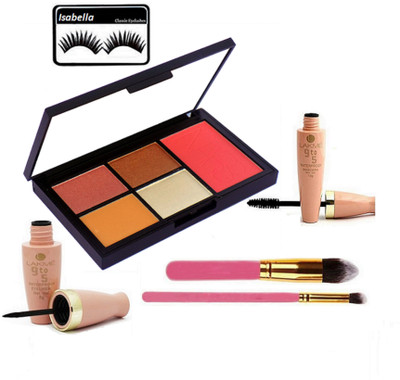 ISABELLA Eyelashes & 4 Shades Eye Shadow,1 Shade Blusher Palette & 2 Makeup Brush & Eyeliner+Mascara(Set of 6)