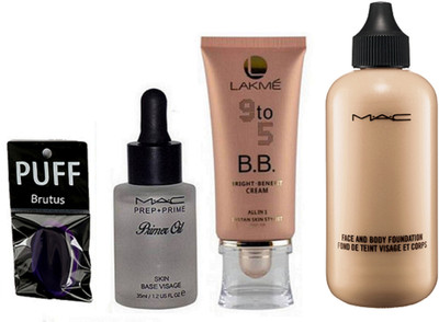 

BRUTUS SILICON PUFF, PREP+PRIME PRIMER OIl, LAKME B.B. BRIGHT BENEFIT CREAM, FACE AND BODY FOUNDATION(Set of 4)