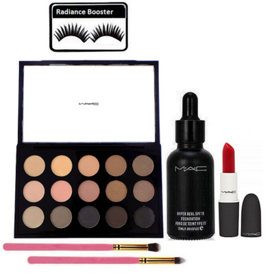 

radiance booster Eyelashes & 15 Shades Eye Shadow Palette With Make Up Brush 2 & Hyper Real Foundation & Lipstick(Set of 6)