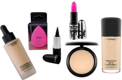 

tiara Spounge puff , Mac Studio Fix Compact , Waterweight Foundation , Brook Candy Pink Lipstick , Stick kaj. , Studio Fix Foundation(Set of 6)