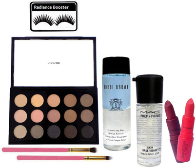 

Radiance Booster Eyelashes & Mac 15 Shades Eye Shadow Palette With Make Up Brush 2 & Bobbi Brown Makeup Remover & Prep+Prime Primer & Giambattista Valli Lipstick 2(Set of 8)