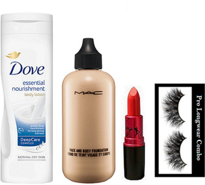 

pro longwear combo Eyelashes, Face And Body Foundation, Lady Gaga Lipstick, Essential Nourishment Body Lotion(Set of 4)
