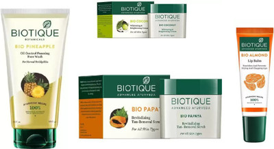 

BIOTIQUE BIO Pineapple Oil Control Foaming Face Wash, Papaya Revitalizing Tan-Removal Scrub, Coconut Whitening & Brightening Cream, LIP BALM(Set of 4)