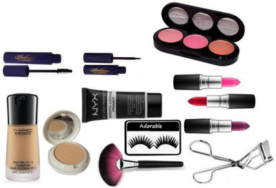 

Adorable Eyelashes & Mac mineralize Foundation & BB Compact, mac padma eyeliner & mascara, 3 Shade Blusher & matte Finish Long Lasting Lipstick 3 Diffrent Shades & Eyelashes Curler & Makeup Brush,NYX Primer, (Set of 12 )(Set of 12)