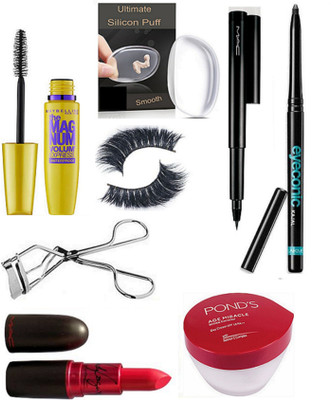 

Ultimate Silicon Puff With The Magnum Volume Express Mascara,Mac Pen Eyeliner,Matte Finish Lipstick,Pond's Age Miracle Day Cream,Eyeconic Kajal,Eyelashes,Eyelashes Curler(Set of 8)