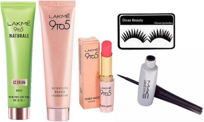 

divas beauty Eyelashes & 9 to 5 Weightless Mousse Foundation & 9 to 5 Matte Lipstick & Lakme 9 to 5 Naturale CC Cream & mac liquid last eyeliner(Set of 5)