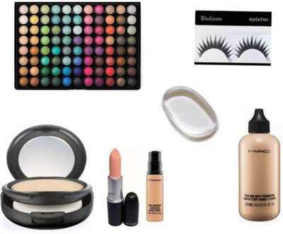 

Blushinsta Combo of Mac 88 Shades Eyeshadow palette, Face and body foundation, Compact powder, Mac lipstick , Mac concealer, Silicon Puff and Eyelashes(Set of 7)