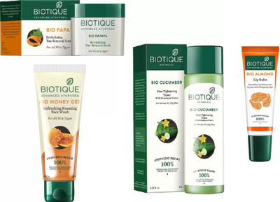 

BIOTIQUE BIO Honey Gel Face Wash, Papaya Revitalizing Tan-Removal Scrub, Cucumber Pore Tightening Toner,LIP BALM(Set of 4)