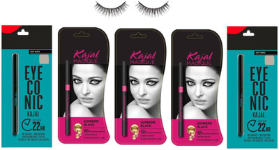 

glowrose eyeconic black kajal combo with rushbale black fancy eyelash(Set of 6)