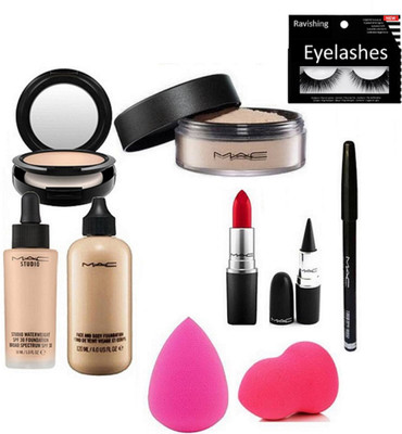 

ravishing Eyelashes, 2 sponge puff, studio water weight & face & body foundation & loose powder & compact & sticky kajal & lipstick & pencil kajal(Set of 10)