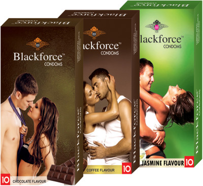 

BLACKFORCE CHOCOLATE,COFFEE AND JASMINE 30 PCS IN 3 PACK (COMBO) EXTRA DOTTED Condom(Set of 3, 30S)