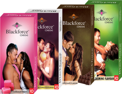 

BLACKFORCE BUBBLEGUM,BUTTERSCOTCH,CHOCOLATE AND JASMINE 40 PCS IN 4 PACK (COMBO) EXTRA DOTTED Condom(Set of 4, 40S)