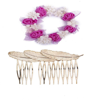 

Chooz Designer Studio Beautiful Gajra for Hair and Golden Leaf Comb Hair Clip Bun Clip, Hair Clip(Pink)