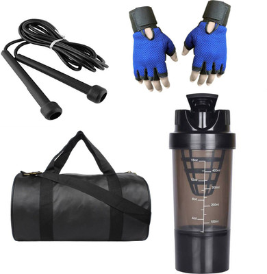 

style pro Combo of black leather look gym bag,Blue gloves,Black Cyclone Shaker and Black Skipping rope Gym & Fitness Kit