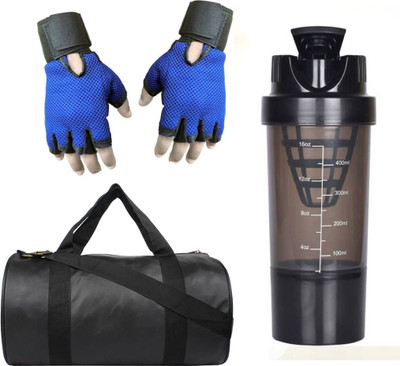 

style pro Combo of black leather look gym bag,Blue gloves and Black Cyclone Shaker Gym & Fitness Kit