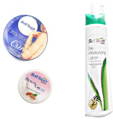 

Soft Touch Ultra Moisturizing Creme-Essential Oil and Vitamin E & Beauty Cream-Almond & Vitamin E & Daily Moisturizing Lotion-Neem and Cucumber Enriched With Vitamin E.(500 ml)