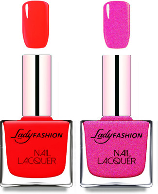 

Lady Fashion Cube Shaped Made In India Nail Polish Juicy Red, Mettalic Pink(Pack of 2)