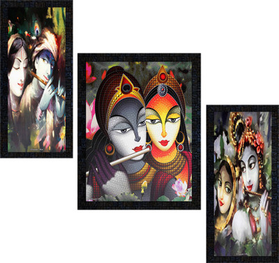 Poster N Frames Set Of 3 Radha Krishna Digital Reprint 14 inch x 22 inch Painting(With Frame, Pack of 3)