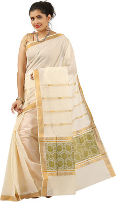 Selvamani Tex Self Design Kasavu Cotton Blend Saree(White)