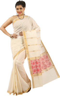Selvamani Tex Self Design Kasavu Cotton Blend Saree(Beige)
