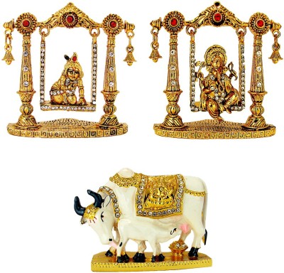 Le Lord Krishna (Laddu Gopal) on Swing Electroplated Idol, Lord Ganesha On Swing Electroplated Idol & Kamdhenu Cow with Calf Electroplated Idol Statue for Home Decor , Office and Car Dashboard Decorative Showpiece  -  13 cm(Metal, Multicolor)
