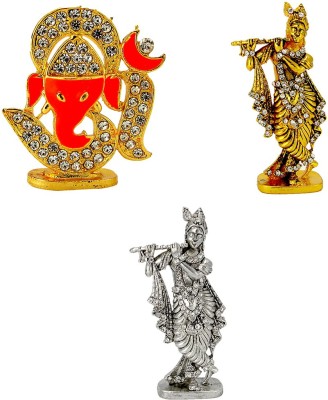 Le Om with Lord Ganesha Face Electroplated Holy Symbol, Lord Krishna (Murlidhar) Antique Finish Electroplated Idol & Lord Krishna (Murlidhar) Antique Finish Electroplated Idol Statue for Home Decor , Office and Car Dashboard Decorative Showpiece  -  7.5 cm(Metal, Gold, Silver)