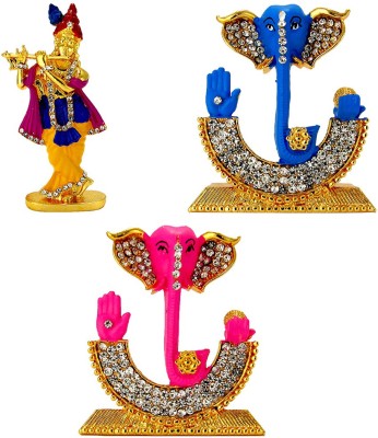 Le Lord Krishna (Murlidhar) Electroplated Idol, Lord Ganesha Face Electroplated Idol & Lord Ganesha Face Electroplated Idol Statue for Home Decor , Office and Car Dashboard Decorative Showpiece  -  12 cm(Wood, Multicolor)
