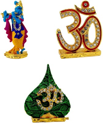 Le Lord Krishna Small Electroplated Idol, Om Electroplated Holy Symbol & Om and Pan leaf with Meenakari Electroplated Holy Symbol Statue for Home Decor , Office and Car Dashboard Decorative Showpiece  -  8 cm(Metal, Multicolor)