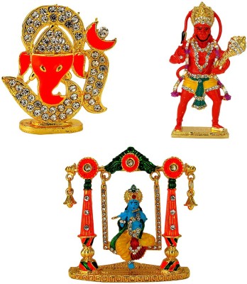 Le Om with Lord Ganesha Face Electroplated Holy Symbol, Lord Hanuman (Bajrang-Bali) Electroplated Idol & Lord Krishna (Murlidhar) on Swing Electroplated Idol Statue for Home Decor , Office and Car Dashboard Decorative Showpiece  -  8.5 cm(Metal, Multicolor)