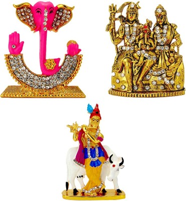 Le Lord Ganesha Face Electroplated Idol, Lord Shiva Family-Parivar Antique Finish Electroplated Idol & Lord Krishna (Murlidhar and Cow) Antique Finish Electroplated Idol Statue for Home Decor , Office and Car Dashboard Decorative Showpiece  -  13 cm(Brass, Multicolor)