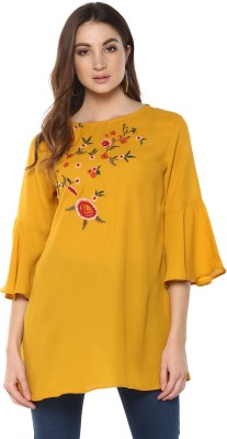 MAYRA Casual Bell Sleeve Embroidered Women Yellow Top