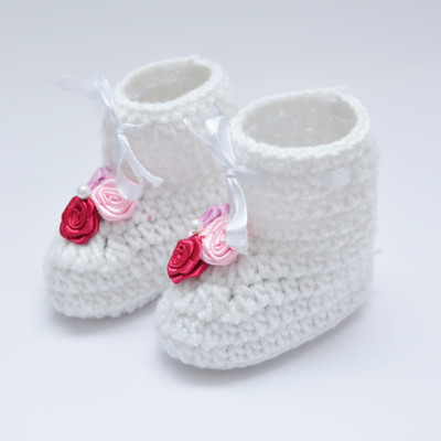 

Love Crochet Art Pre Walker New Born Baby 0 to 6 Month Crochet Handmade Woolen Booties Booties(Toe to Heel Length - 8 cm White)