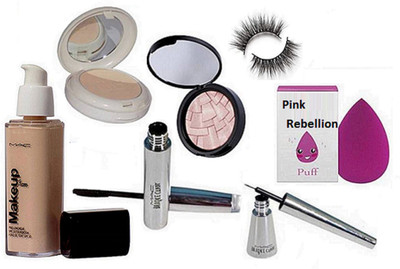 

Pink Rebellion Sponge Puff & Mac Makeup Pro long Wear Foundation & Brooke Candy Eyeliner+Mascara & Compact & Illuminator With Eyelashes(Set of 7)