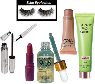 

eska Eyelashes&Lakme 9 To 5 Mossue Foundation,9 To 5 Naturale CC Cream,Mac Giambattista valli Matte FInish Lipstick,Brooke Candy Liner, Mascara and 9to5 Gold radiance serum(Set of 8)