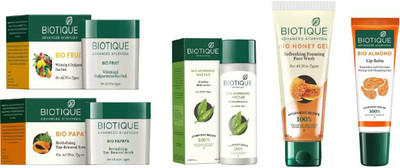

BIOTIQUE BIO Morning Nectar Flawless Skin Moisturizer, Papaya Revitalizing Tan-Removal Scrub, Fruit Whitening & Depigmentation Face Pack, Honey Gel Face Wash, LIP BALM(Set of 5)