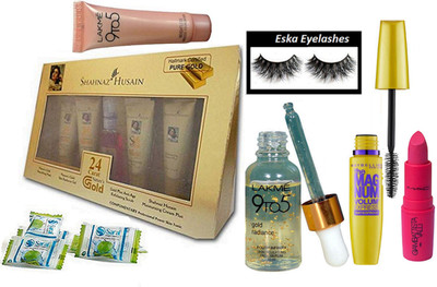 

eska Eyelashes,Mac Giambattista valli Matte FInish Lipstick,Shahnaz Hussain Facial Kit,Lakme 9to5 Gold radiance serum, 9 to 5 Weightless Mousse Foundation,Maybelline the mag num mascara and Magic Napkin Pack of 3(Set of 9)