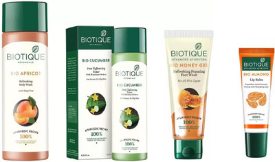 

BIOTIQUE BIO Apricot Refreshing Body Wash, Cucumber Pore Tightening Toner, Honey Gel Refreshing Foaming FaceÂ cleanser,LIP BALM(Set of 4)