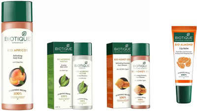 

BIOTIQUE BIO Apricot Refreshing Body Wash, Morning Nectar Flawless Skin Moisturizer, Honey Gel Refreshing Foaming FaceÂ cleanser , LIP BALM(Set of 4)