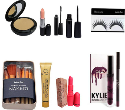 

Blushinsta Imported combo kit of Liner, Mascara, Compact powder, Mac Lipstick, Eyelashes, Naked 12 Brush set, Dermacol foundation 210, Giambattista lipstick, Kylie lip kit (Set of 9)(Set of 9)