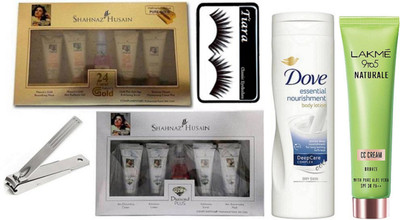 

tiara Eyelashes & Diamond & Gold Facial Kit, Dove Body Lotion & Nail Cutter , Lakme Naturale CC cream(Set of 6)