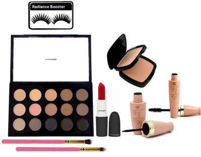 

radiance booster Eyelashes & Mac 15 Shades Eye Shadow Palette With Make Up Brush 2 & Lipstick & Two Way Compact & Lakme 9 to 5 Water Proof Eyeliner+Mascara(Set of 8)