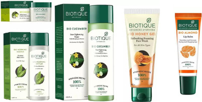 

BIOTIQUE BIO Honey Gel Face Wash, Morning Nectar Flawless Skin Moisturizer, Cucumber Pore Tightening Toner, Coconut Whitening & Brightening Cream, LIP BALM(Set of 5)
