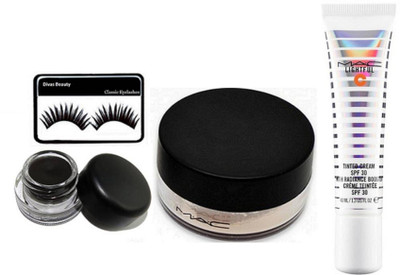 

divas beauty Eyelashes, Mac Select Sheer Loose Powder, Fluidline Gel Eye-Liner, Lightful Tinted Cream Foundation(Set of 4)