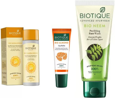 

BIOTIQUE BIO Sandalwood Ultra Soothing Face Lotion 50+ SPF UVA/UVB, Neem Purifying Face Wash , LIP BALM(Set of 3)