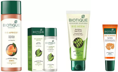 

BIOTIQUE BIO Neem Purifying Face Wash, Morning Nectar Flawless Skin Moisturizer, Apricot Refreshing Body Wash,LIP BALM(Set of 4)