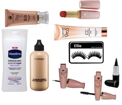 

ellie Eyelashes, Black Stick Kajal,Face And Body Foundation,CC Color transform Cream With Lakme 9to5 Eyeliner And Mascara, Lipstick,BB Cream,Vaseline Intensive Care Advanced Repair (Set of 9)(Set of 9)
